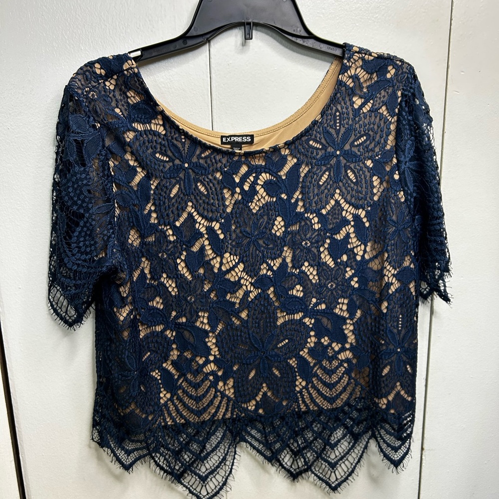 Express Navy Floral Lace Overlay Top with Nude Lining